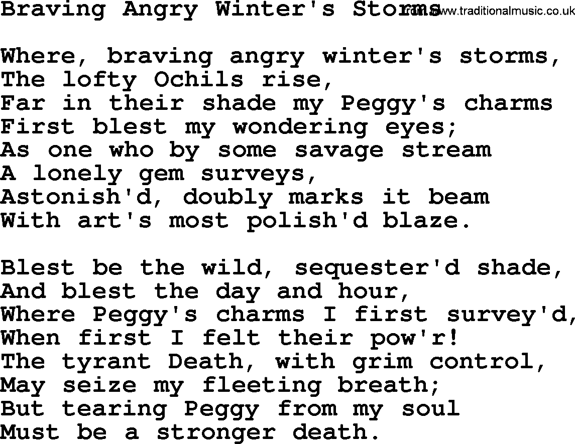 Robert Burns Songs & Lyrics: Braving Angry Winter's Storms