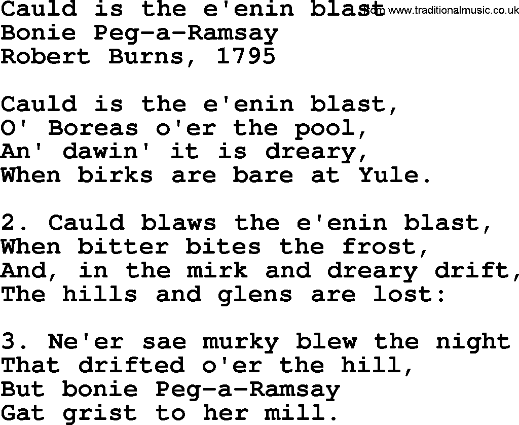 Robert Burns Songs & Lyrics: Cauld Is The E'enin Blast