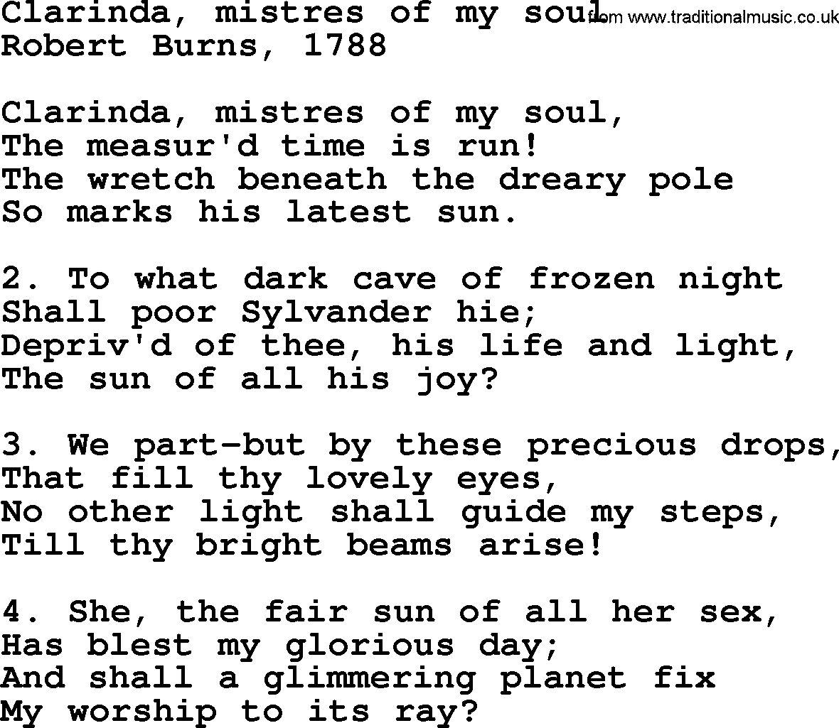 Robert Burns Songs & Lyrics: Clarinda, Mistres Of My Soul