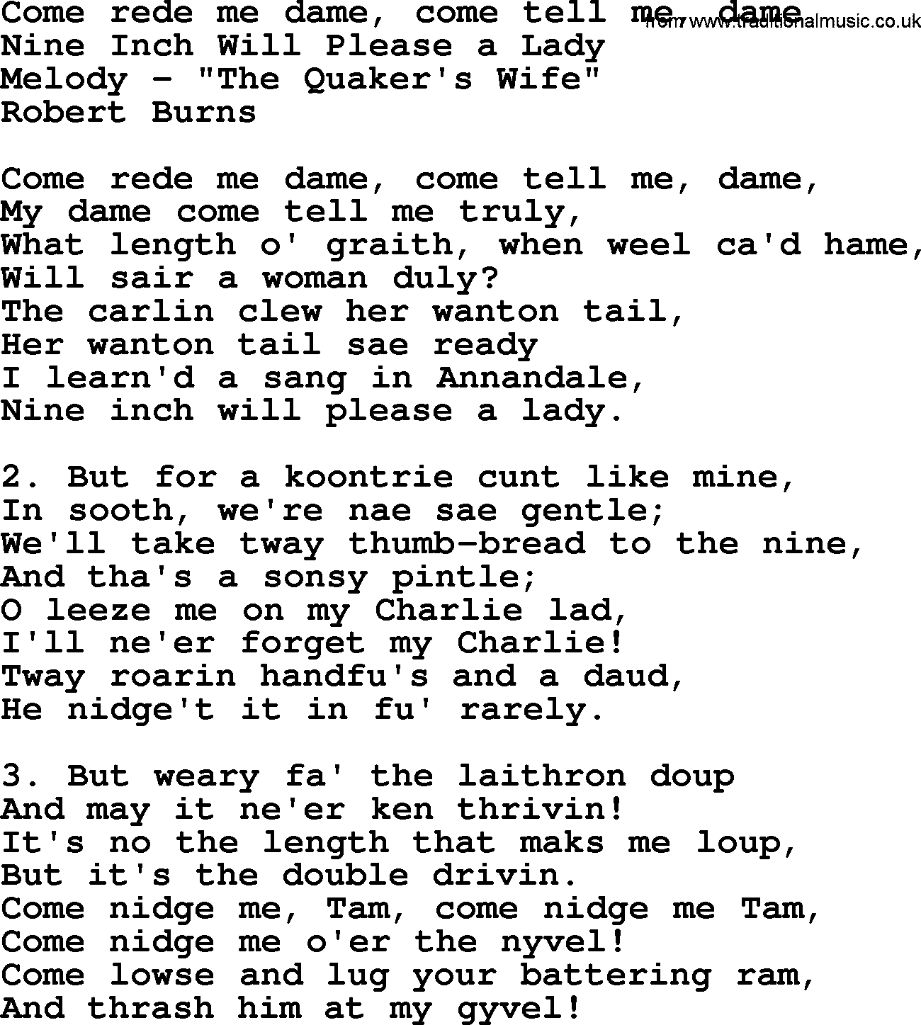 Robert Burns Songs & Lyrics: Come Rede Me Dame, Come Tell Me, Dame