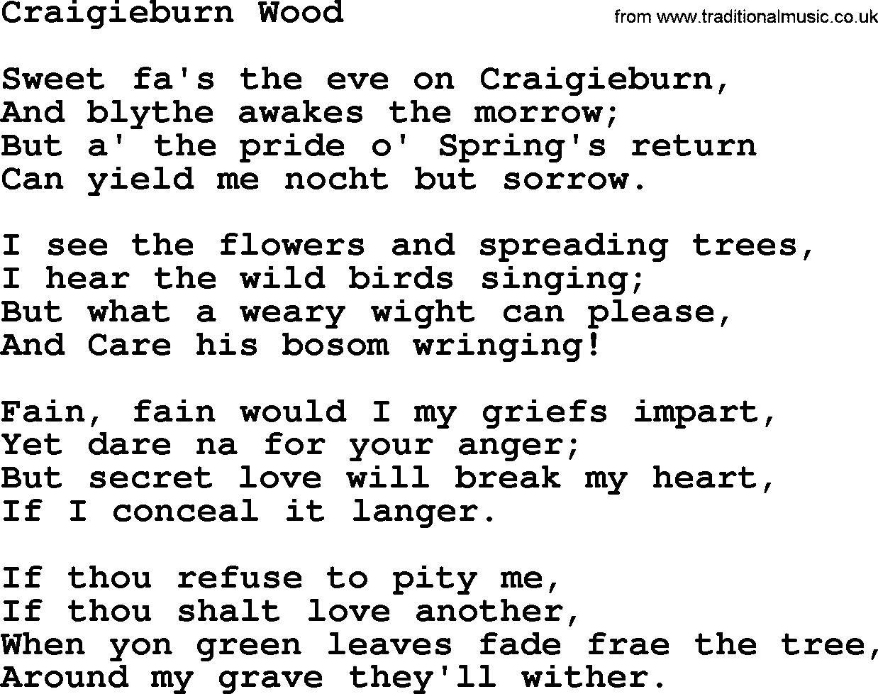 Robert Burns Songs & Lyrics: Craigieburn Wood
