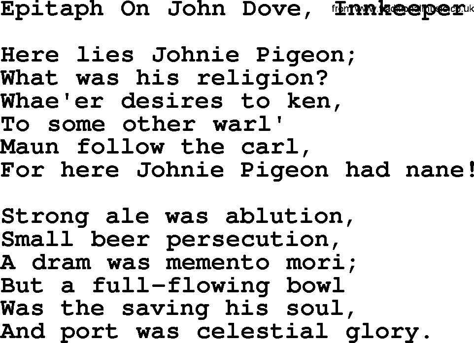 Robert Burns Songs & Lyrics: Epitaph On John Dove, Innkeeper