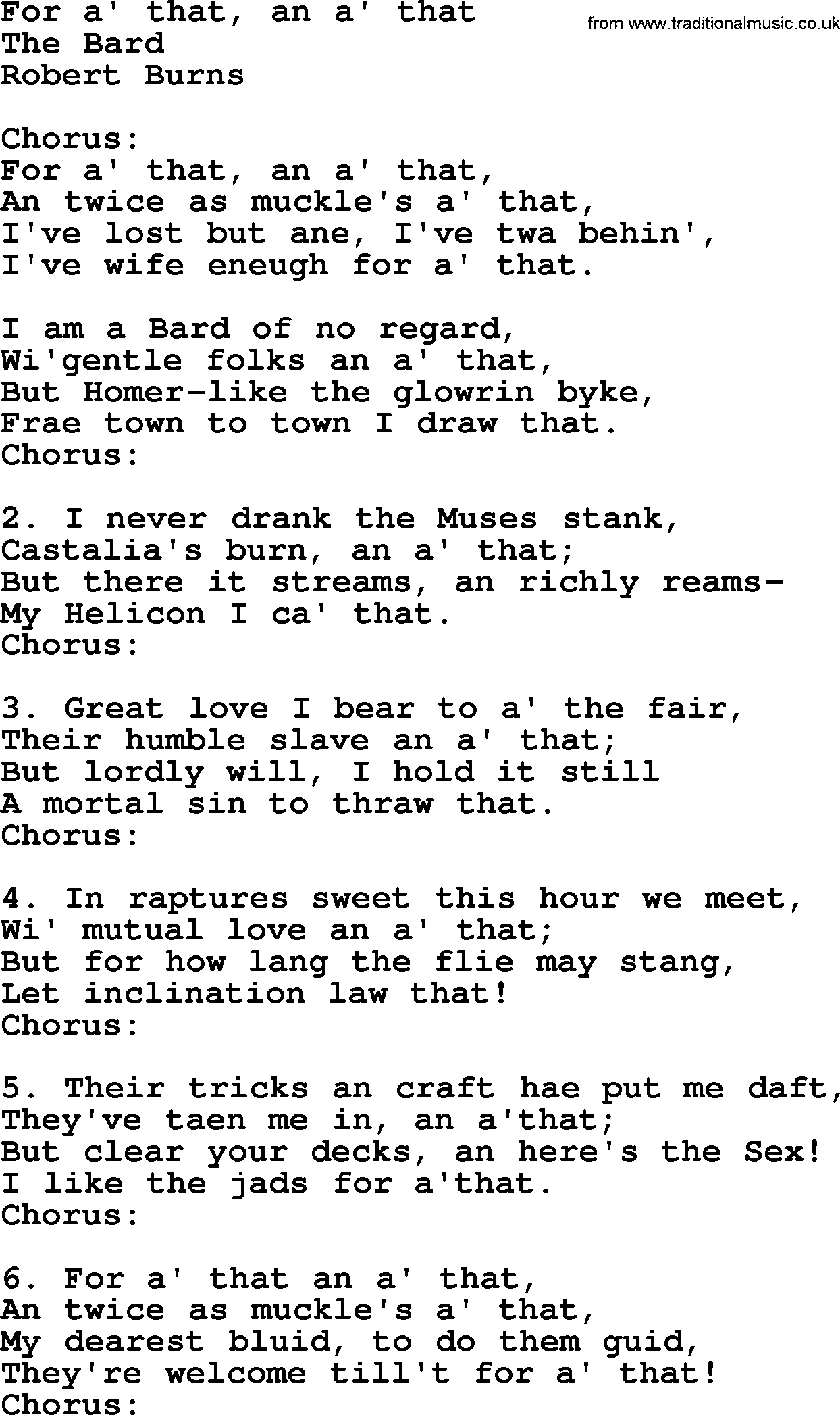 Robert Burns Songs & Lyrics: For A' That, An A' That