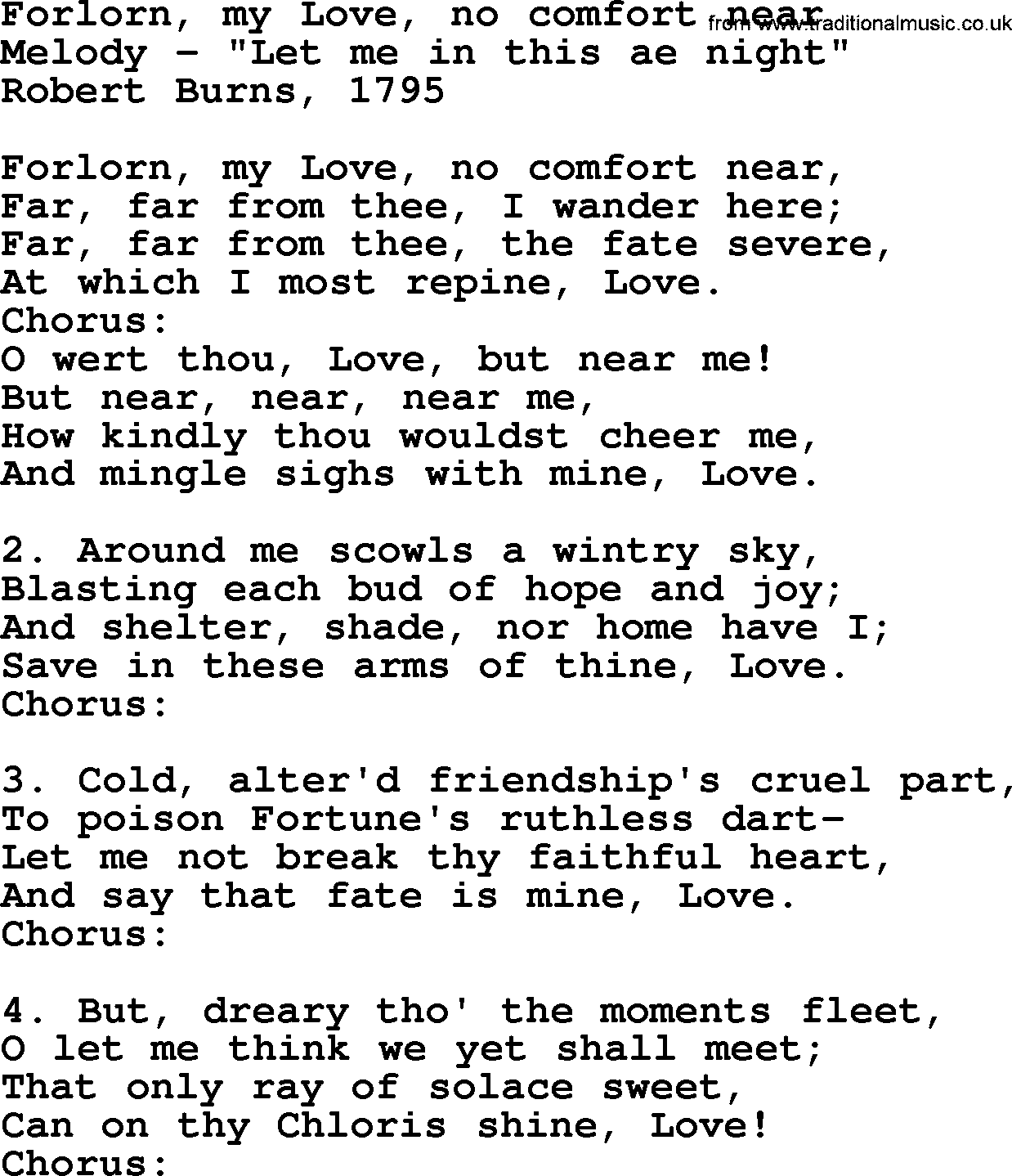 Robert Burns Songs & Lyrics: Forlorn, My Love, No Comfort Near