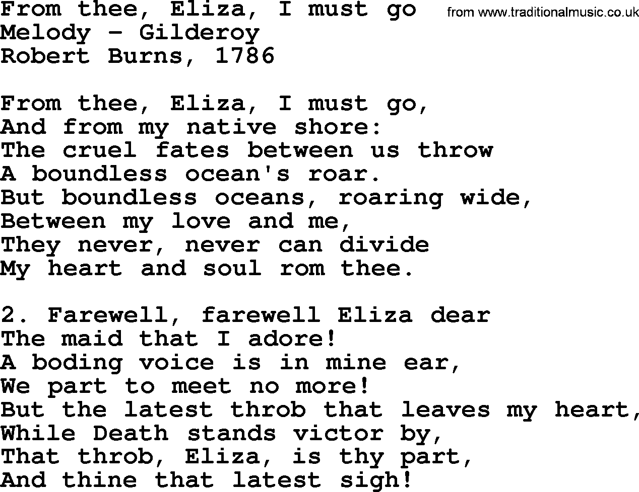 Robert Burns Songs & Lyrics: From Thee, Eliza, I Must Go