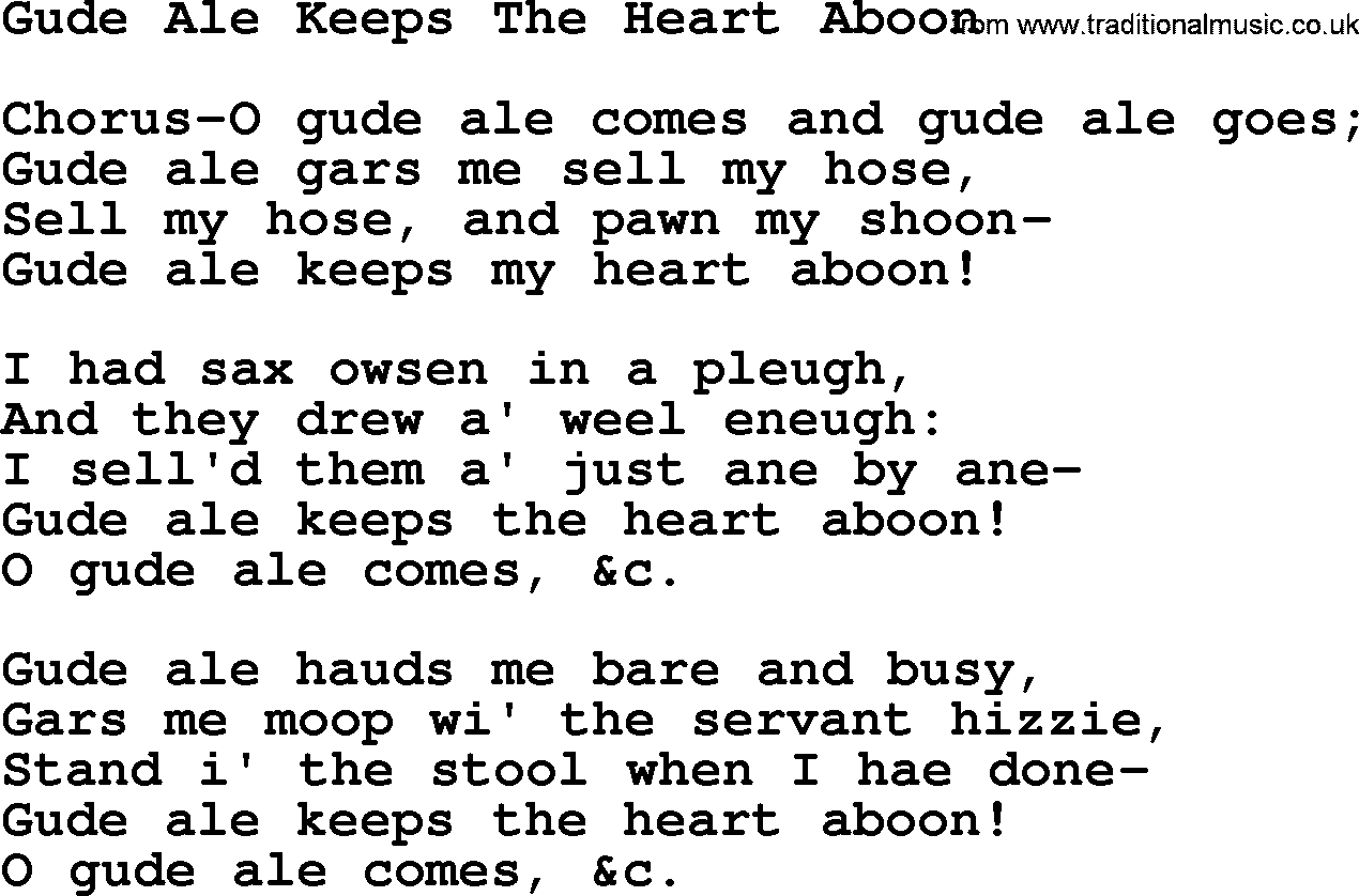 Robert Burns Songs & Lyrics: Gude Ale Keeps The Heart Aboon