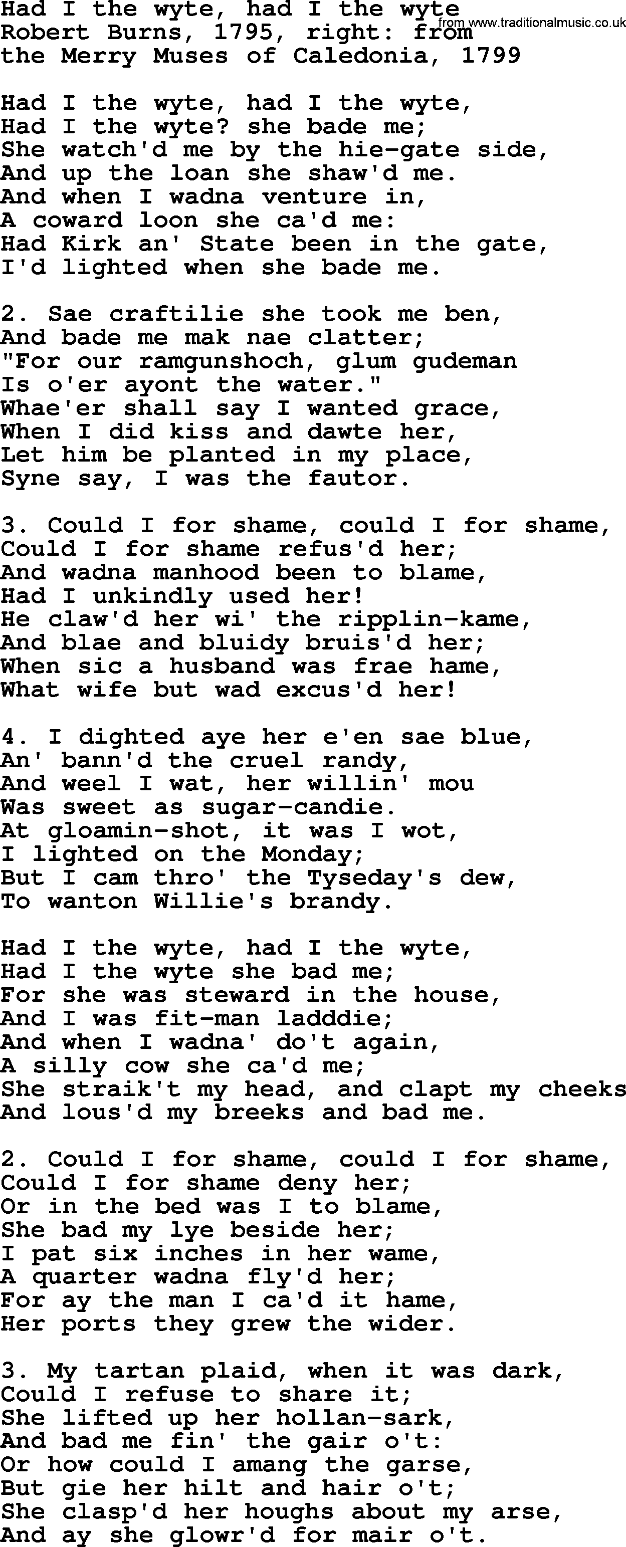 Robert Burns Songs & Lyrics: Had I The Wyte, Had I The Wyte