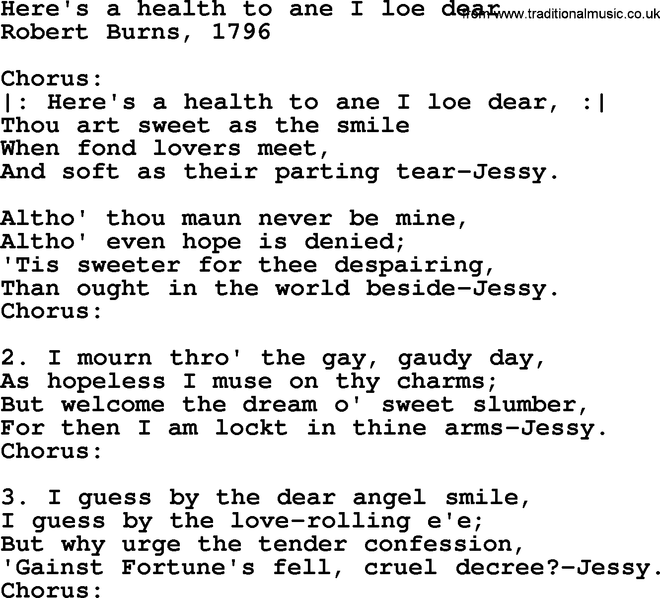 Robert Burns Songs & Lyrics: Here's A Health To Ane I Loe Dear