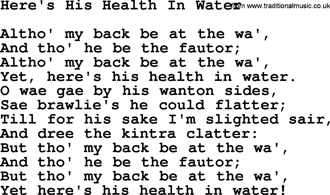 Robert Burns Songs & Lyrics: Here's His Health In Water