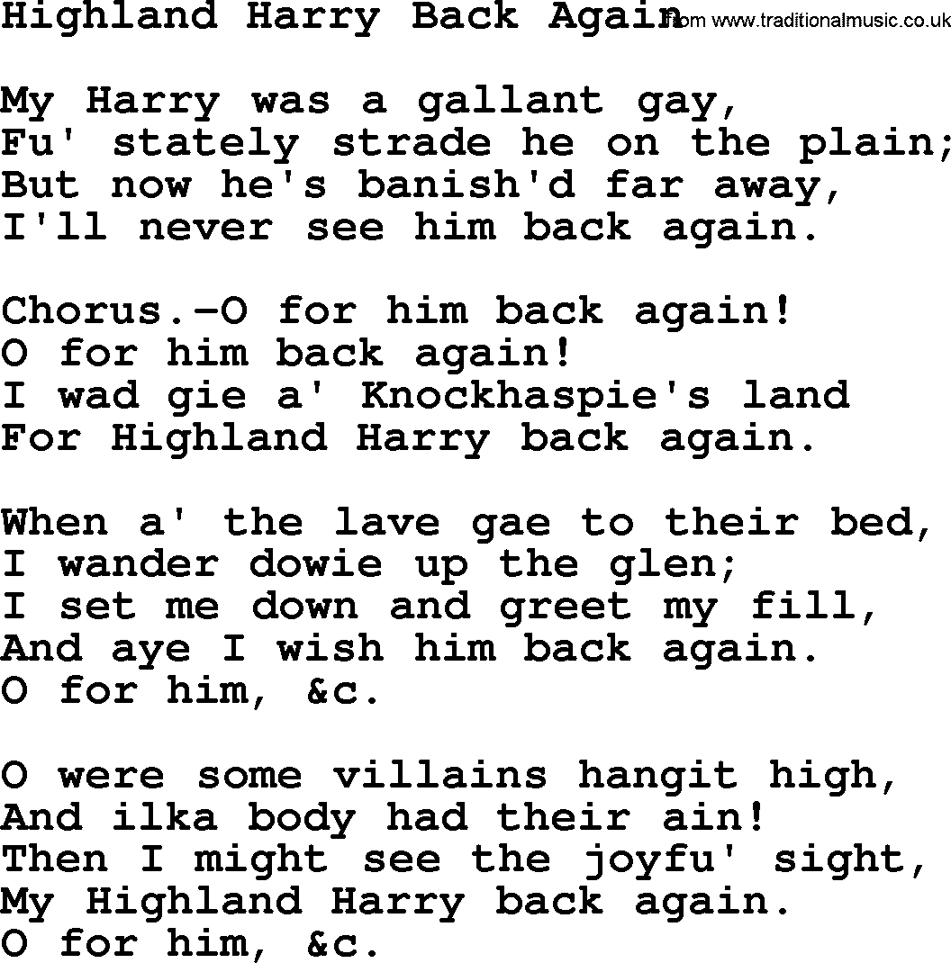 Robert Burns Songs & Lyrics: Highland Harry Back Again