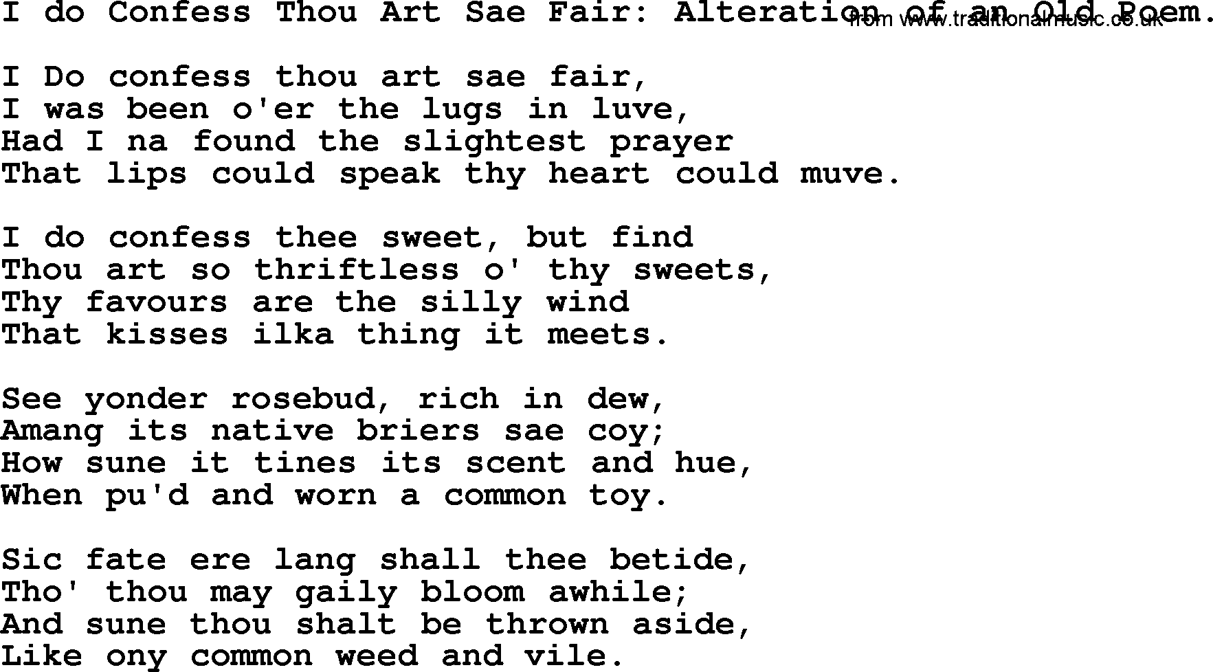 Robert Burns Songs & Lyrics: I Do Confess Thou Art Sae Fair Alteration Of An Old Poem.