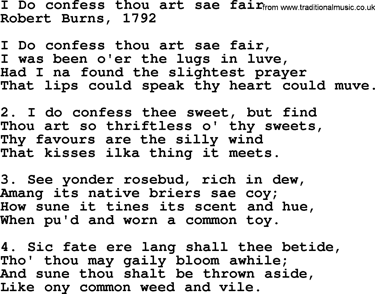 Robert Burns Songs & Lyrics: I Do Confess Thou Art Sae Fair