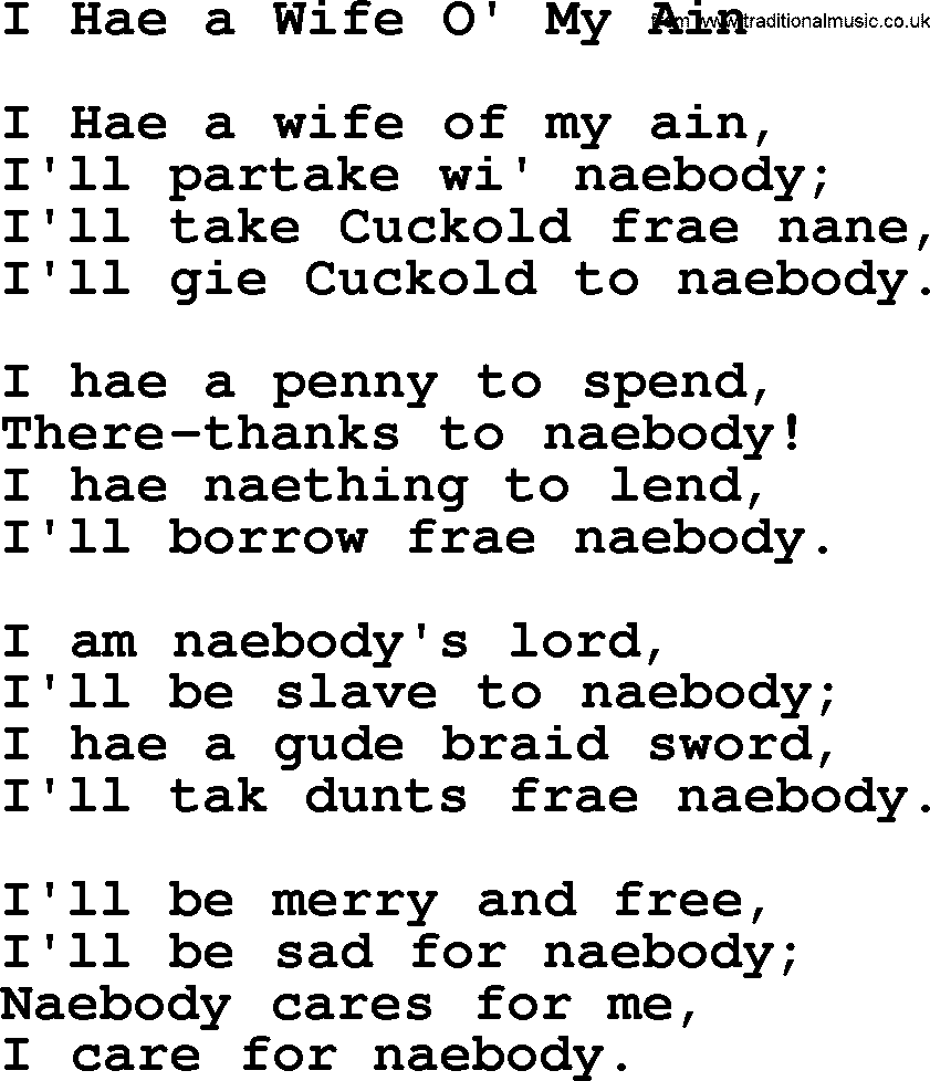 Robert Burns Songs & Lyrics: I Hae A Wife O' My Ain
