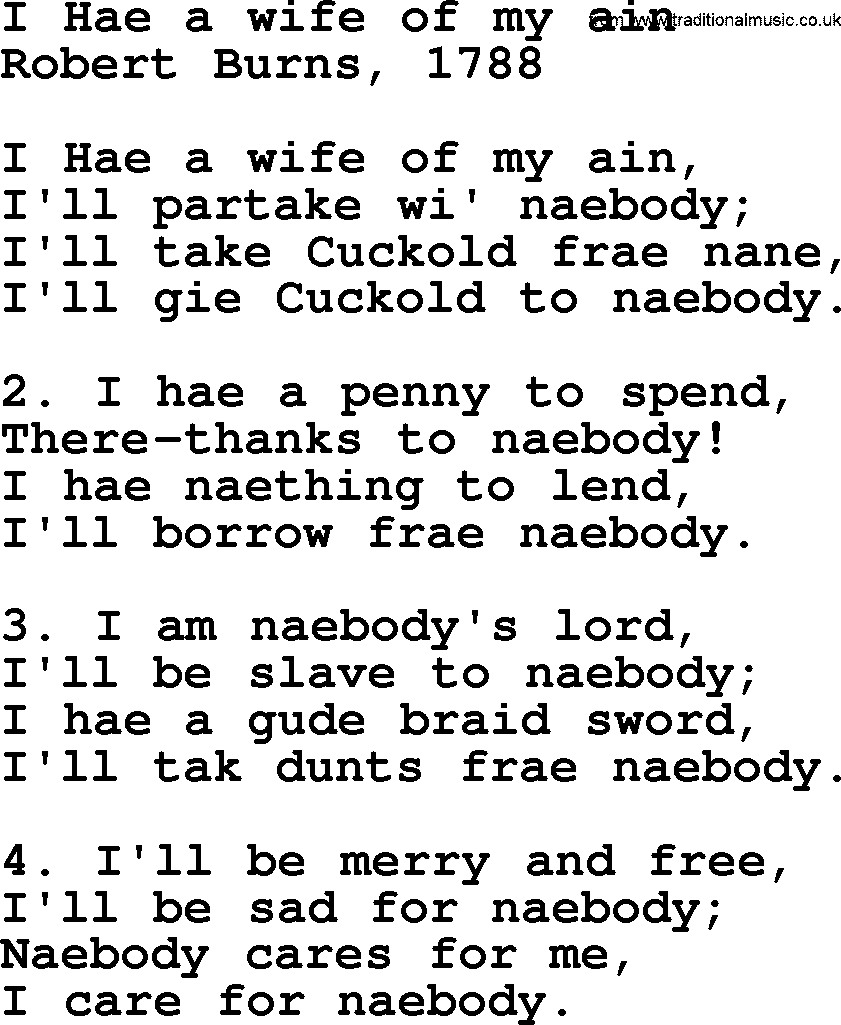 Robert Burns Songs & Lyrics: I Hae A Wife Of My Ain