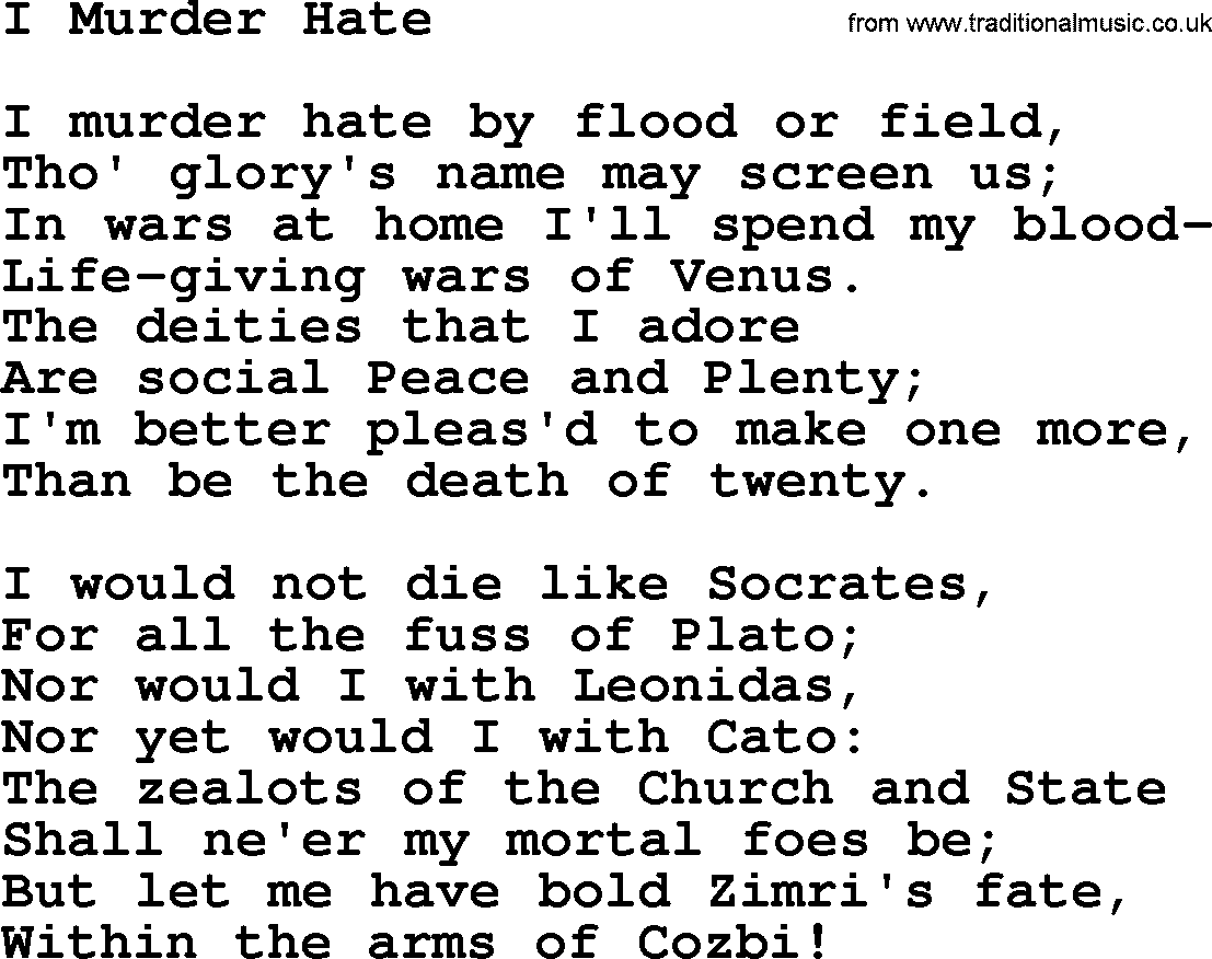 Robert Burns Songs & Lyrics: I Murder Hate
