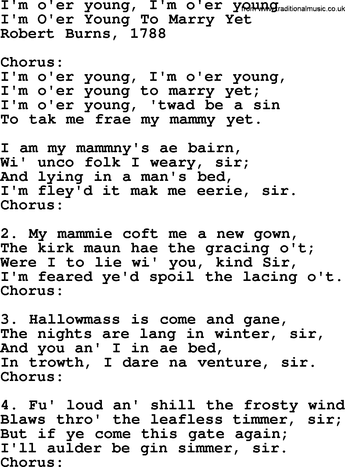 Robert Burns Songs & Lyrics: I'm O'er Young, I'm O'er Young