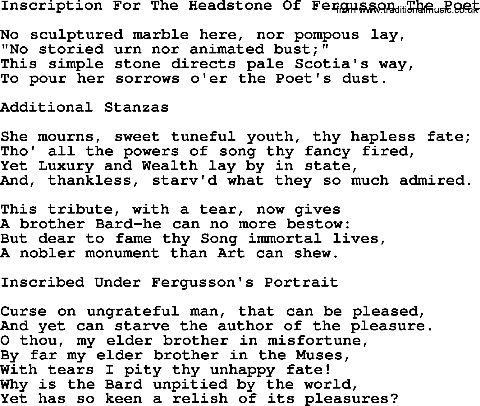 Robert Burns Songs & Lyrics: Inscription For The Headstone Of Fergusson The Poet