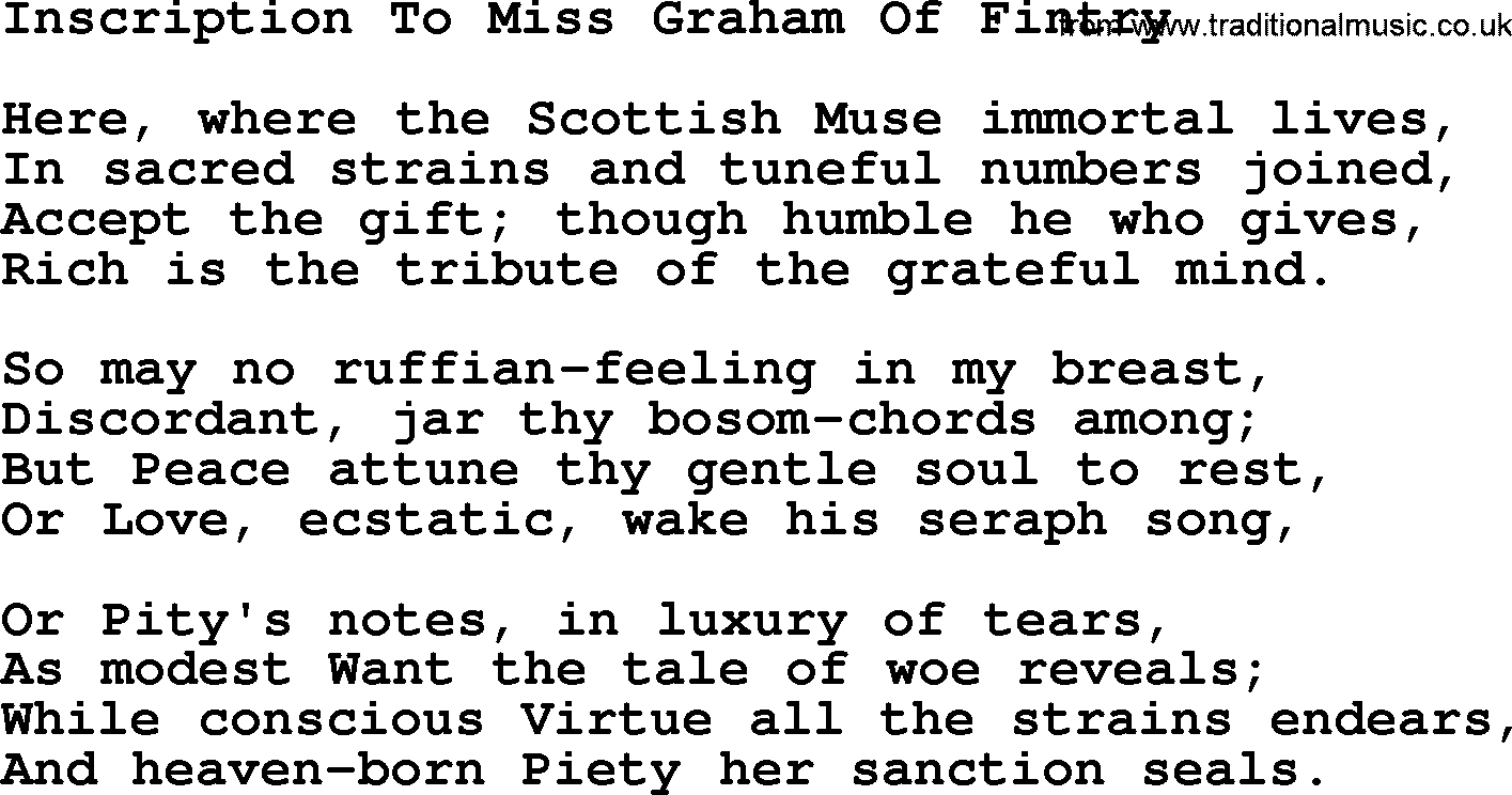 Robert Burns Songs & Lyrics: Inscription To Miss Graham Of Fintry