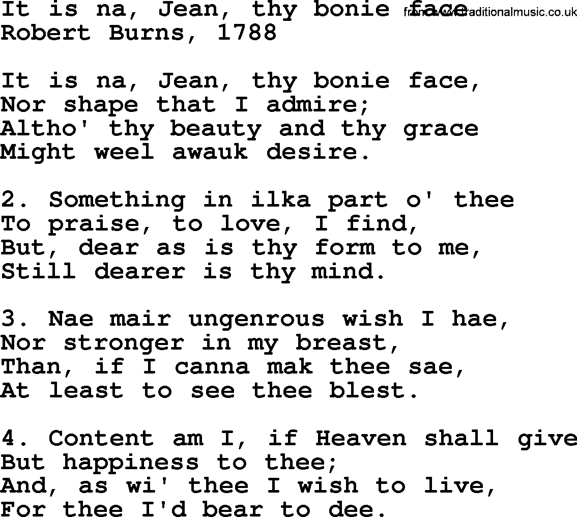 Robert Burns Songs & Lyrics: It Is Na, Jean, Thy Bonie Face