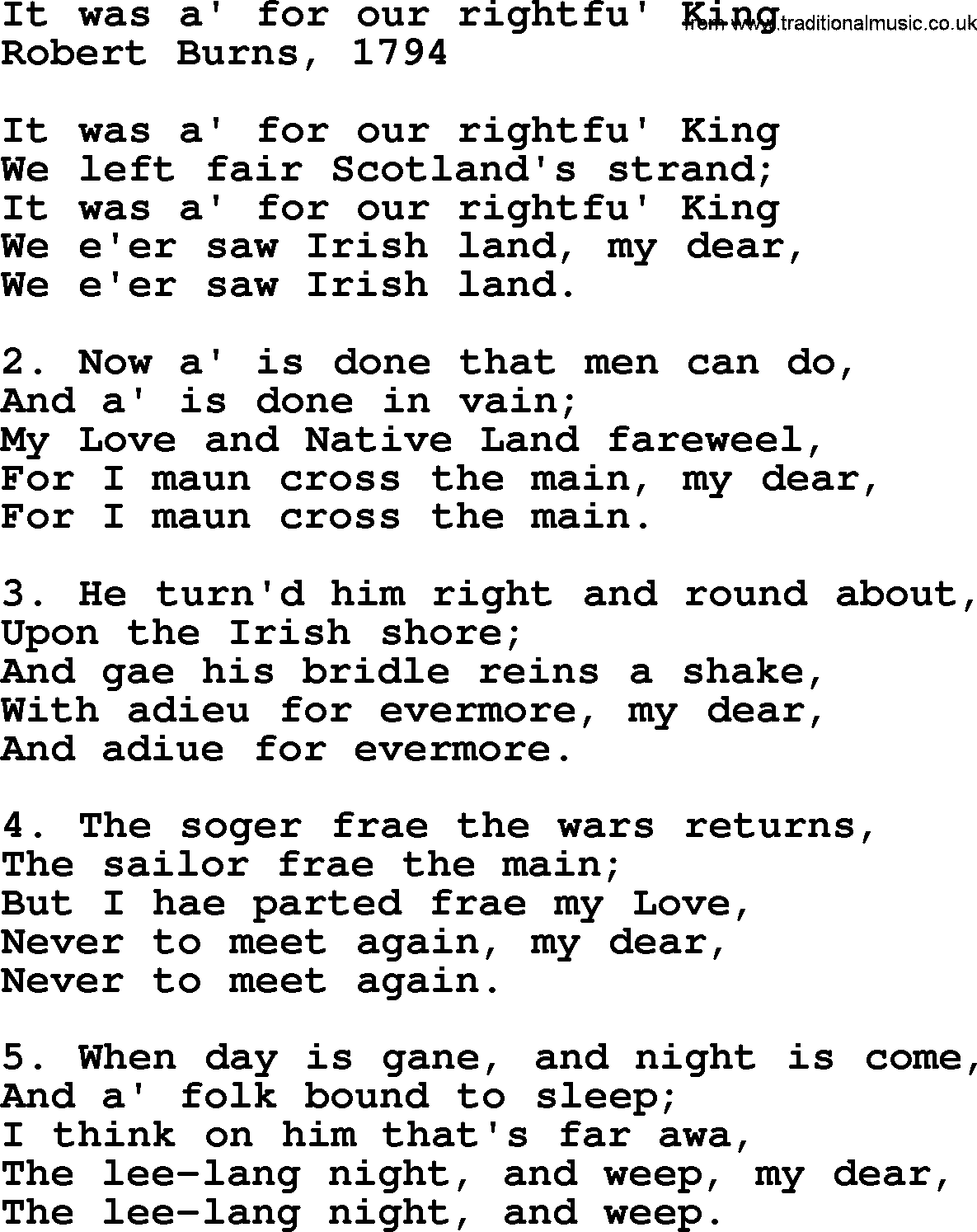 Robert Burns Songs & Lyrics: It Was A' For Our Rightfu' King