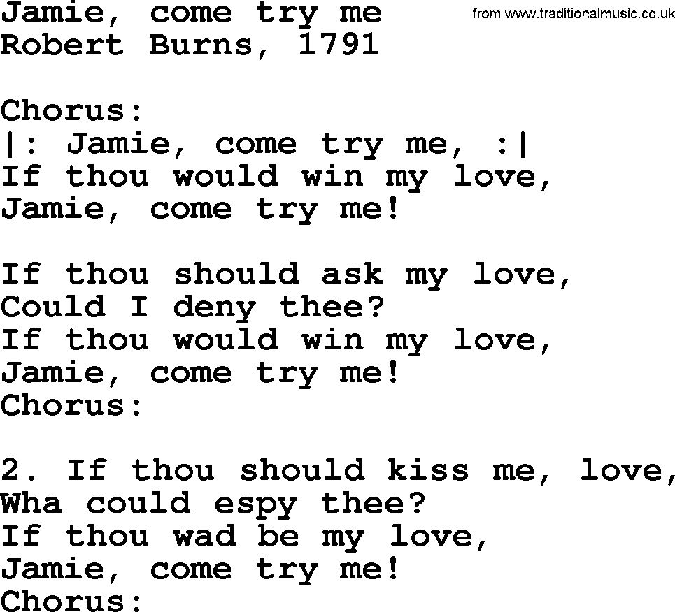 Robert Burns Songs & Lyrics: Jamie, Come Try Me