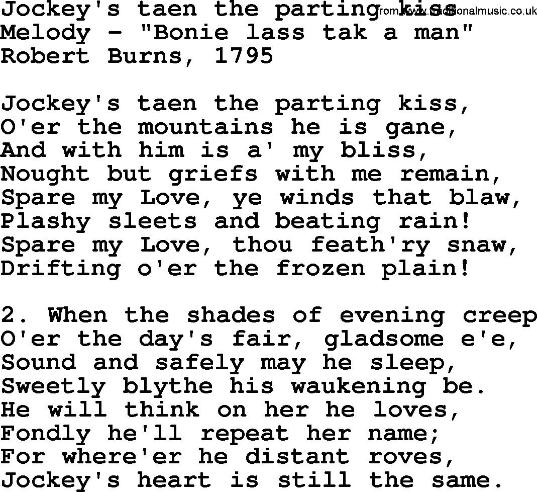 Robert Burns Songs & Lyrics: Jockey's Taen The Parting Kiss