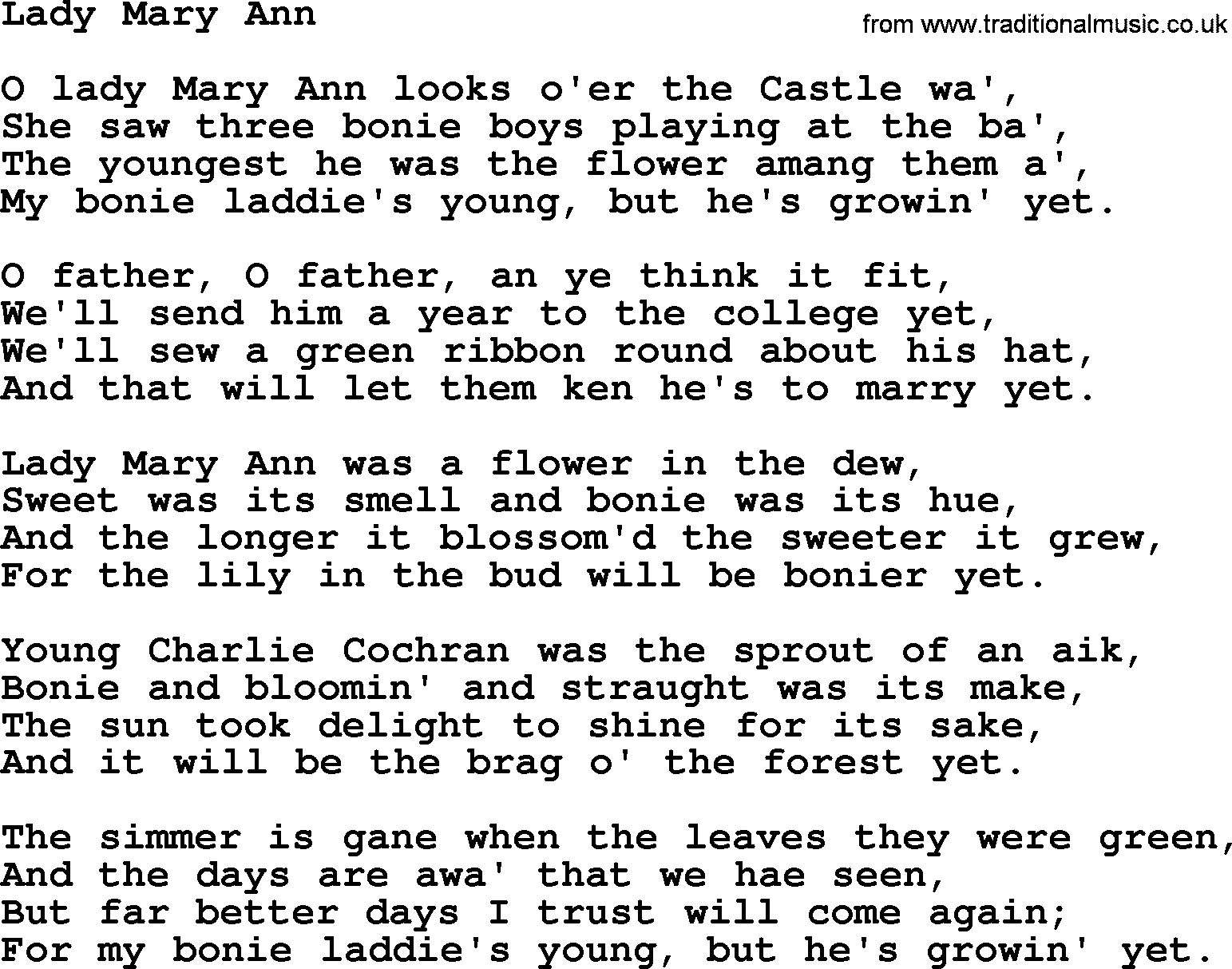 Robert Burns Songs & Lyrics: Lady Mary Ann
