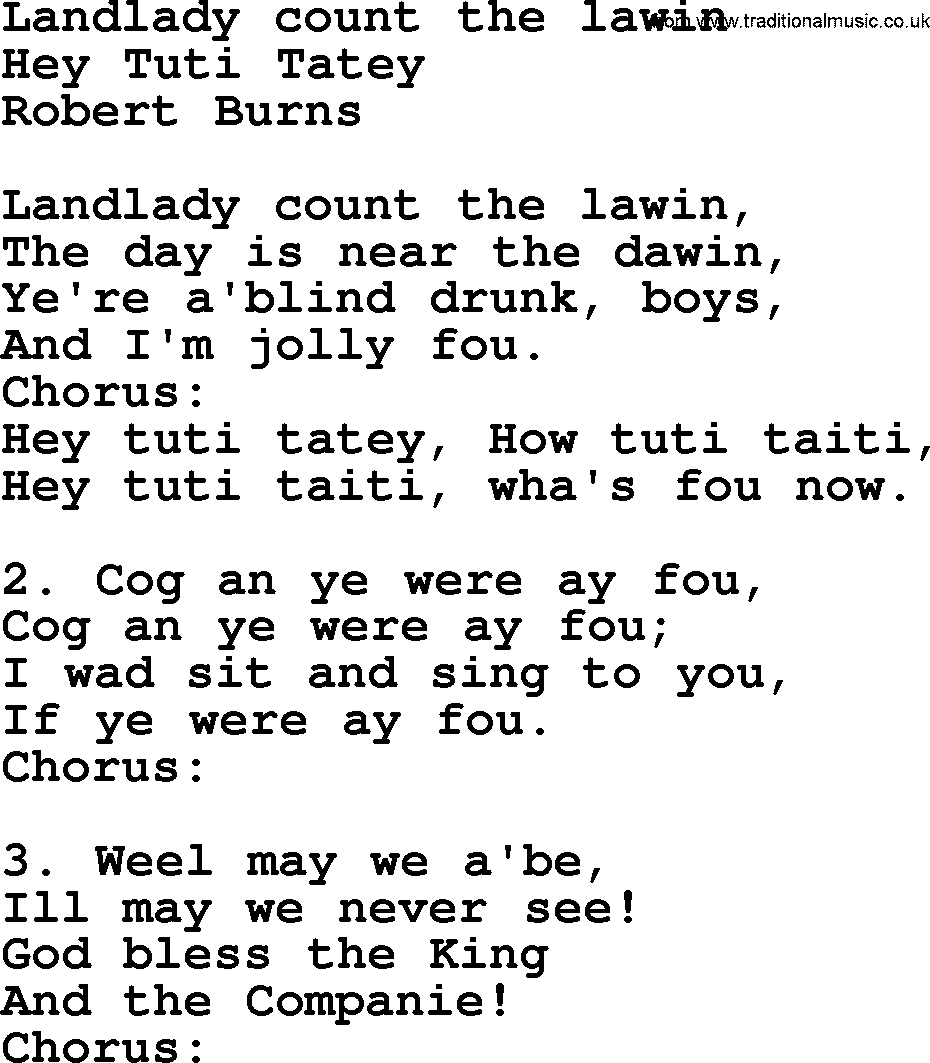 Robert Burns Songs & Lyrics: Landlady Count The Lawin