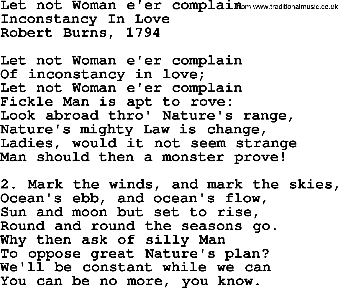 Robert Burns Songs & Lyrics: Let Not Woman E'er Complain