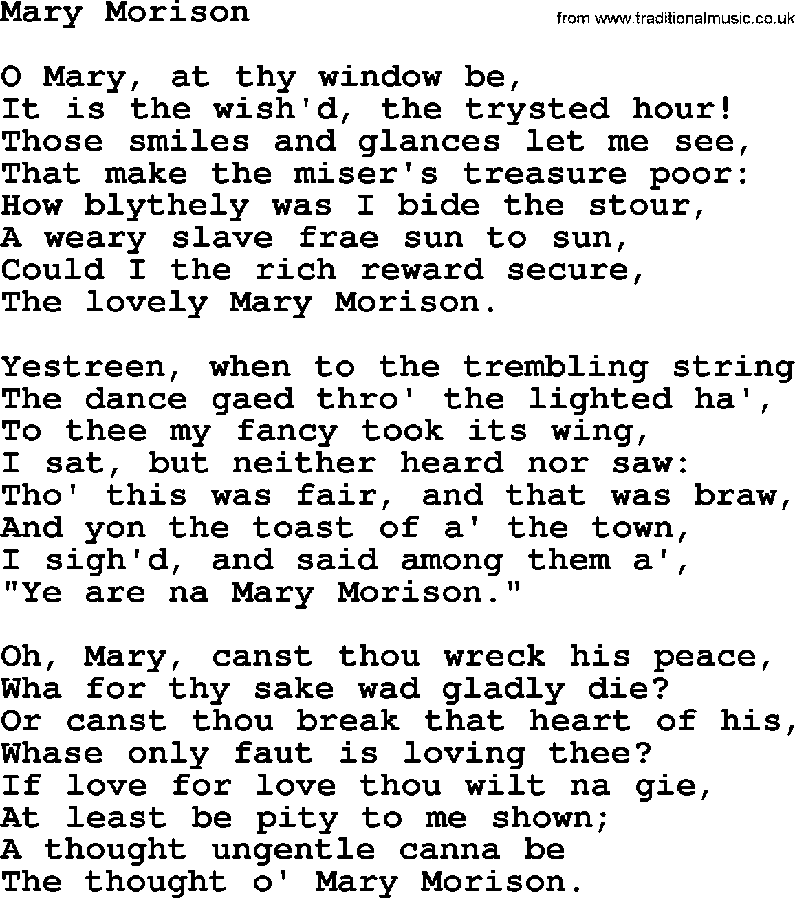 Robert Burns Songs & Lyrics: Mary Morison