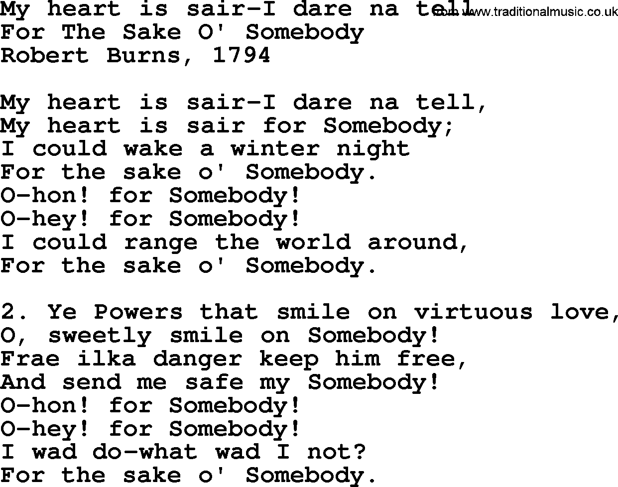 Robert Burns Songs & Lyrics: My Heart Is Sair-i Dare Na Tell