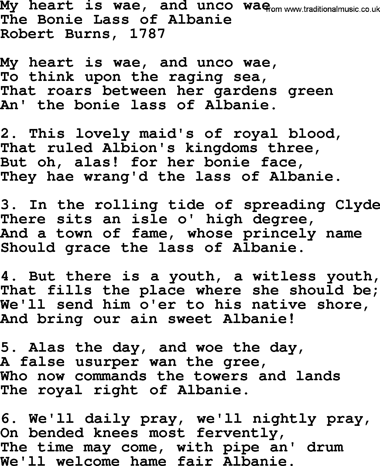 Robert Burns Songs & Lyrics: My Heart Is Wae, And Unco Wae