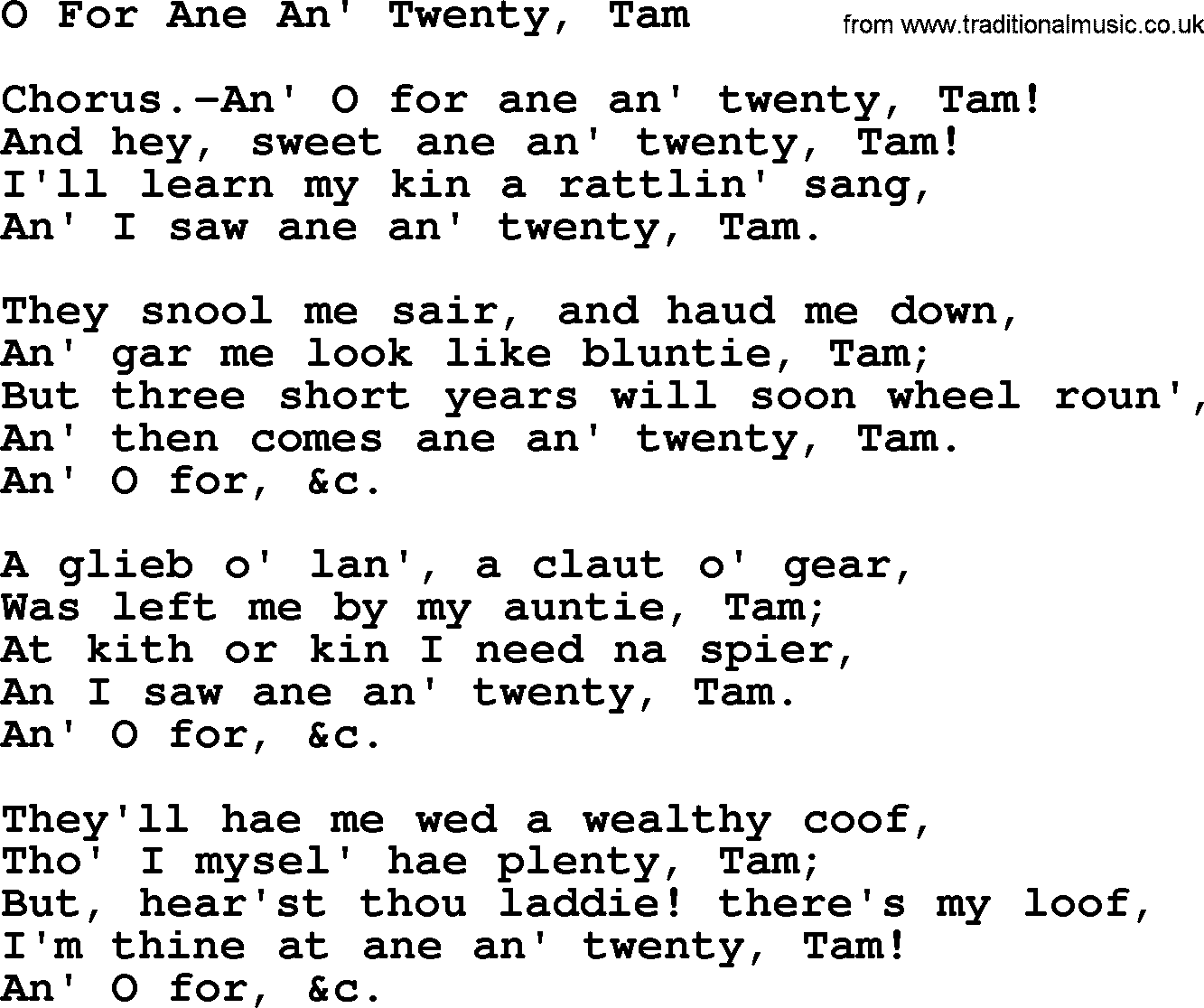 Robert Burns Songs & Lyrics: O For Ane An' Twenty, Tam