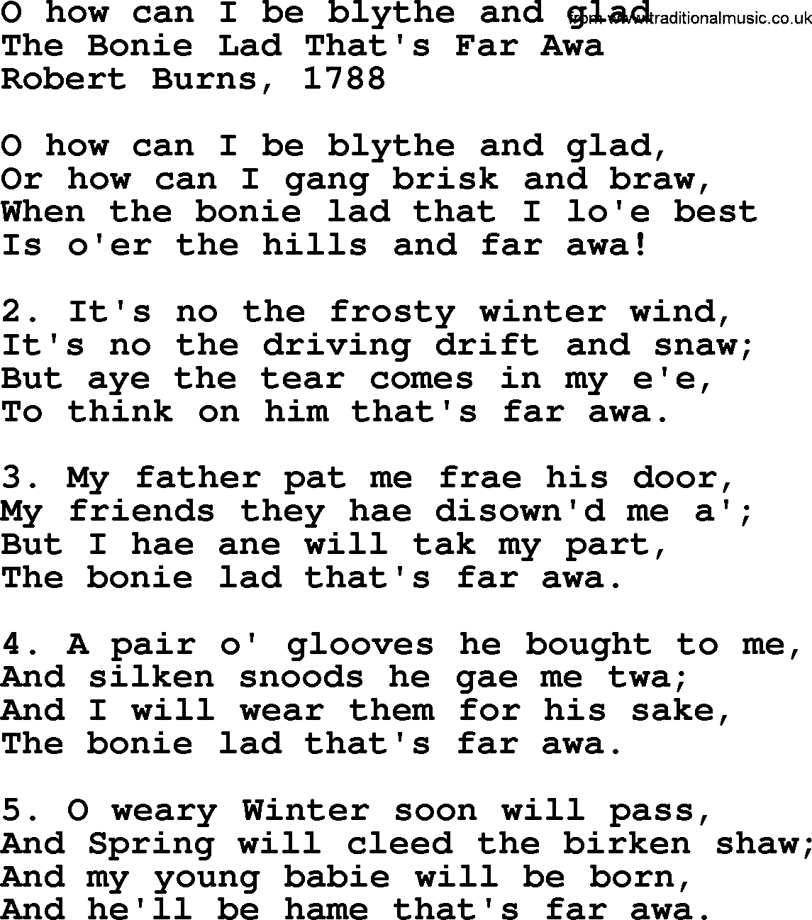 Robert Burns Songs & Lyrics: O How Can I Be Blythe And Glad