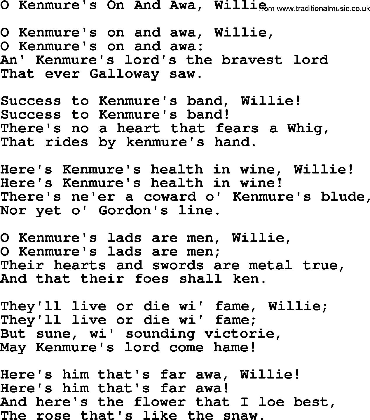 Robert Burns Songs & Lyrics: O Kenmure's On And Awa, Willie