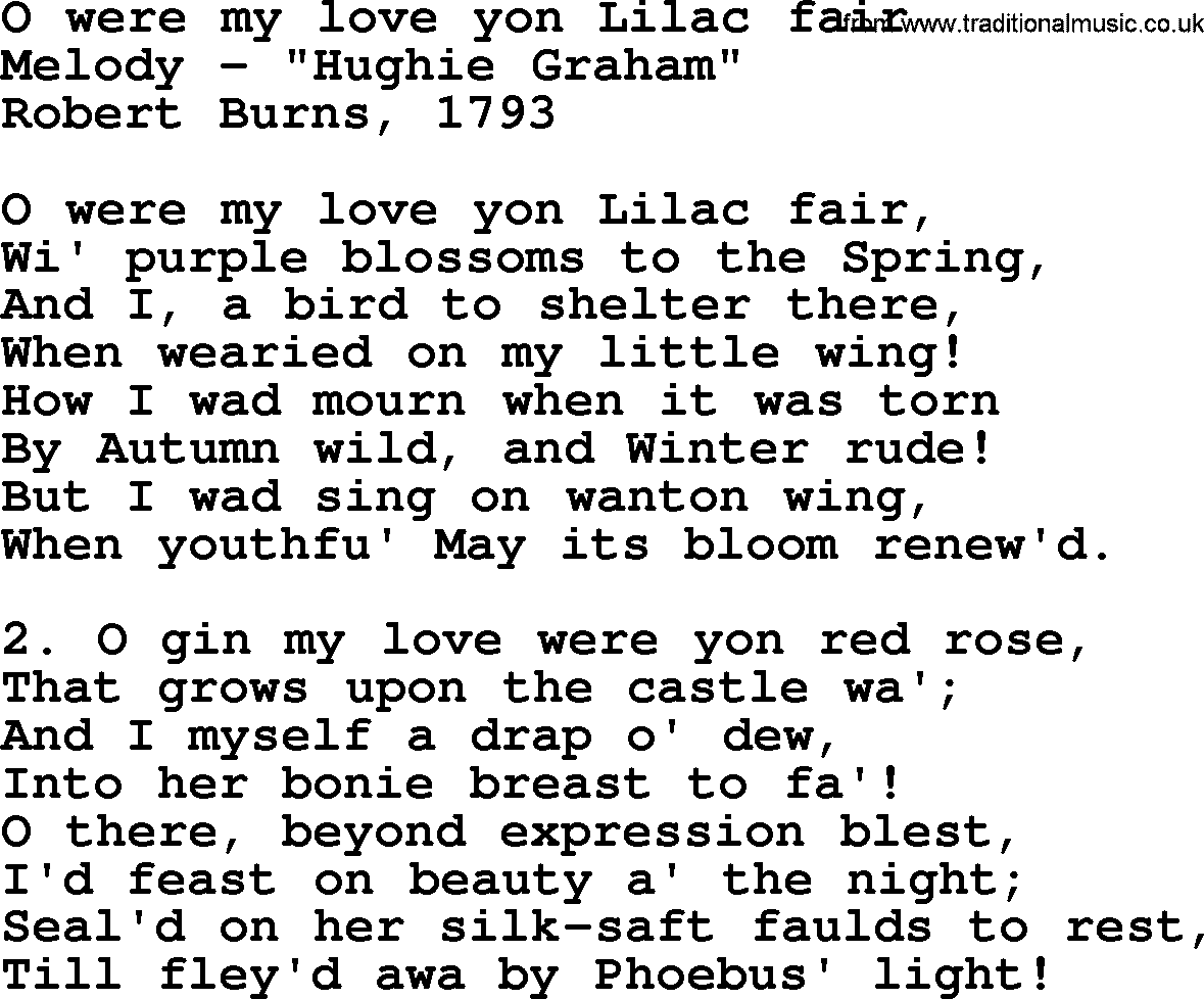 Robert Burns Songs & Lyrics: O Were My Love Yon Lilac Fair