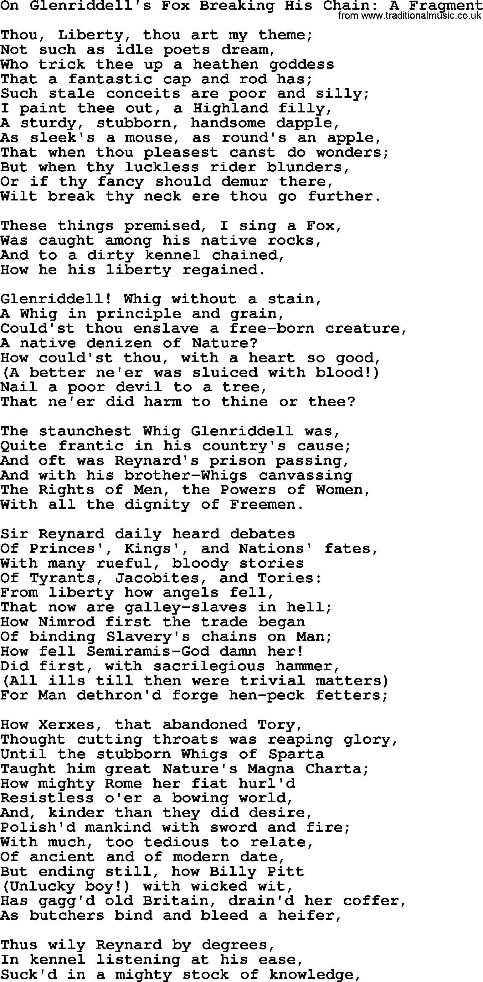 Robert Burns Songs & Lyrics: On Glenriddell's Fox Breaking His Chain A Fragment