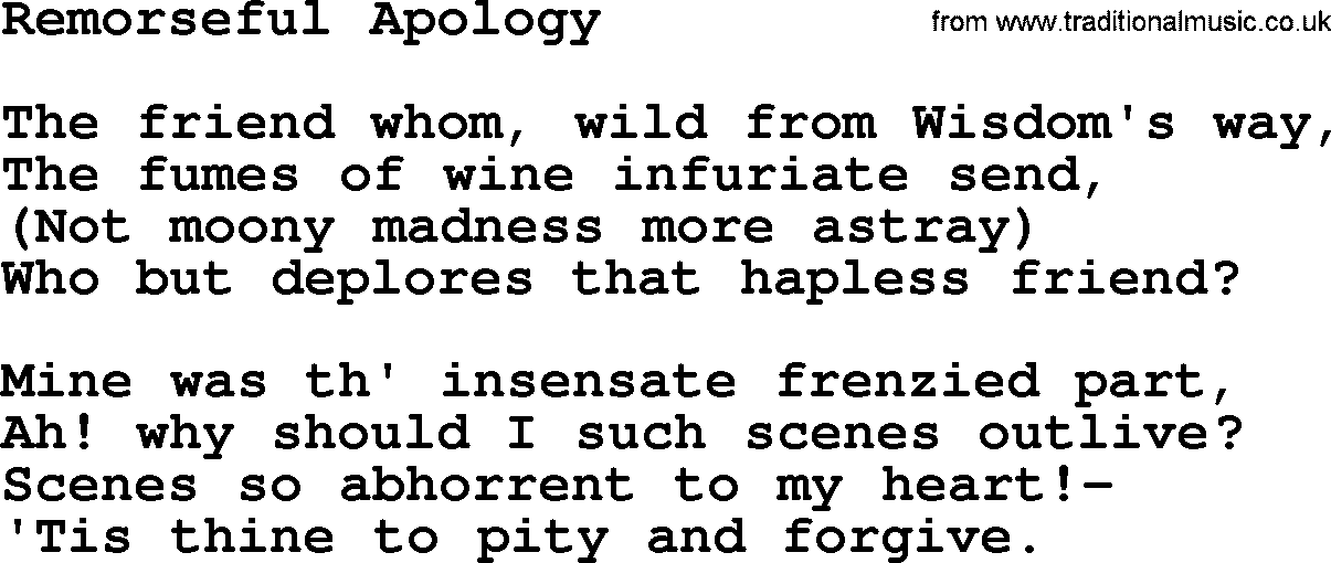 Robert Burns Songs & Lyrics: Remorseful Apology