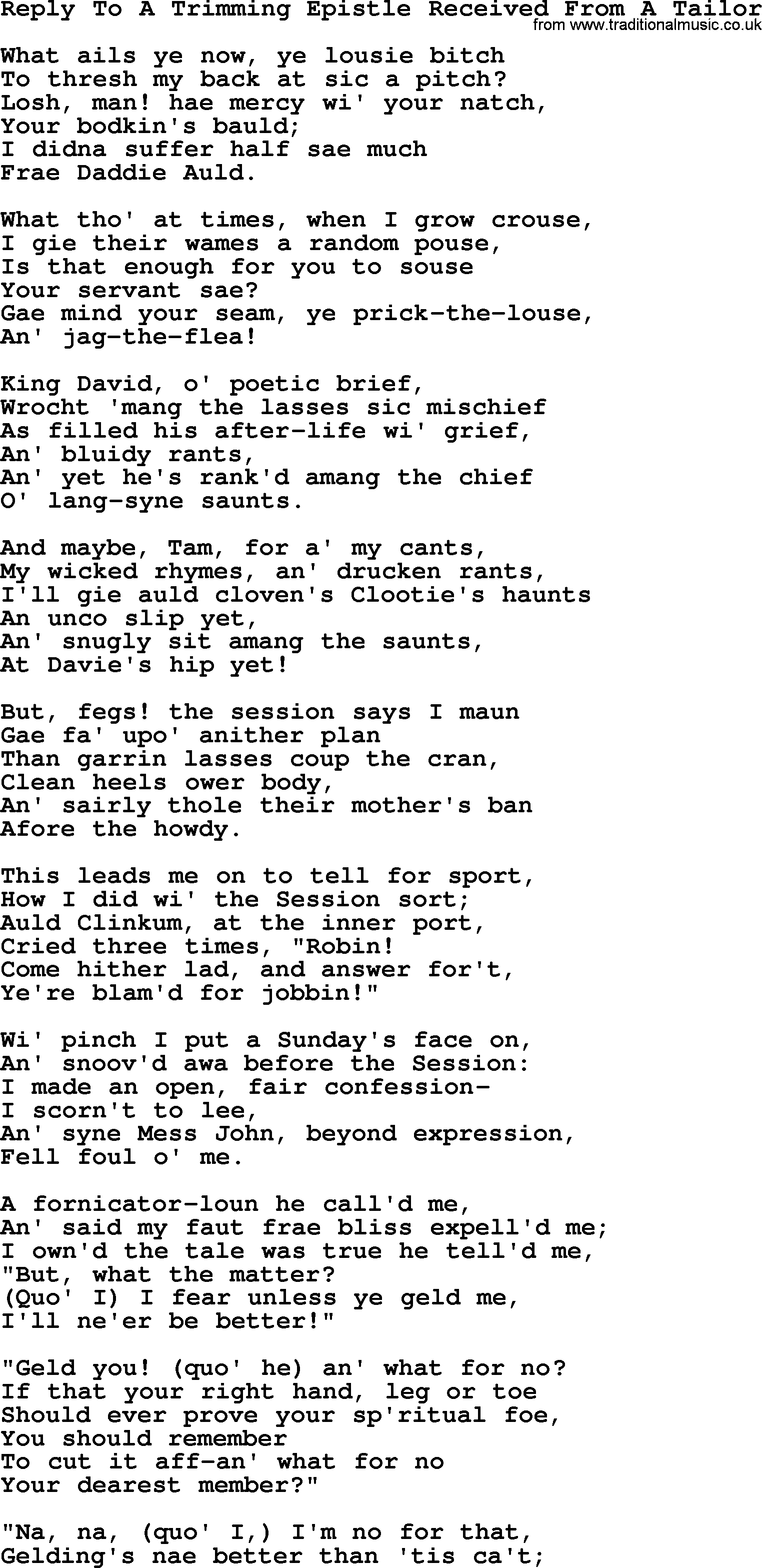 Robert Burns Songs & Lyrics: Reply To A Trimming Epistle Received From A Tailor
