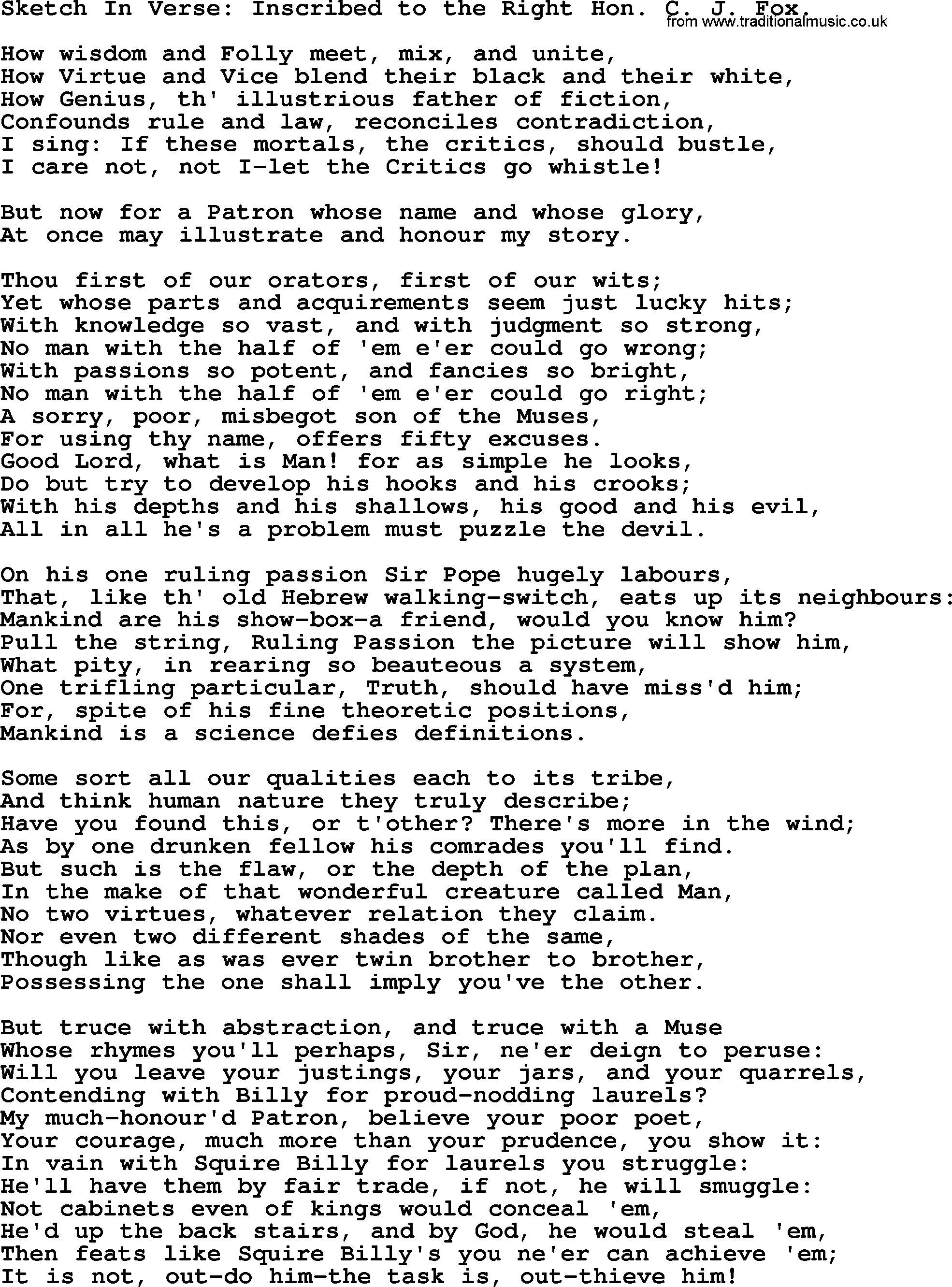 Robert Burns Songs & Lyrics: Sketch In Verse Inscribed To The Right Hon. C. J. Fox.