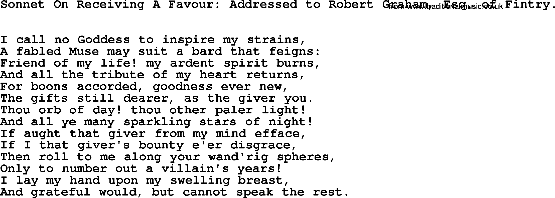 Robert Burns Songs & Lyrics: Sonnet On Receiving A Favour Addressed To Robert Graham, Esq. Of Fintry.