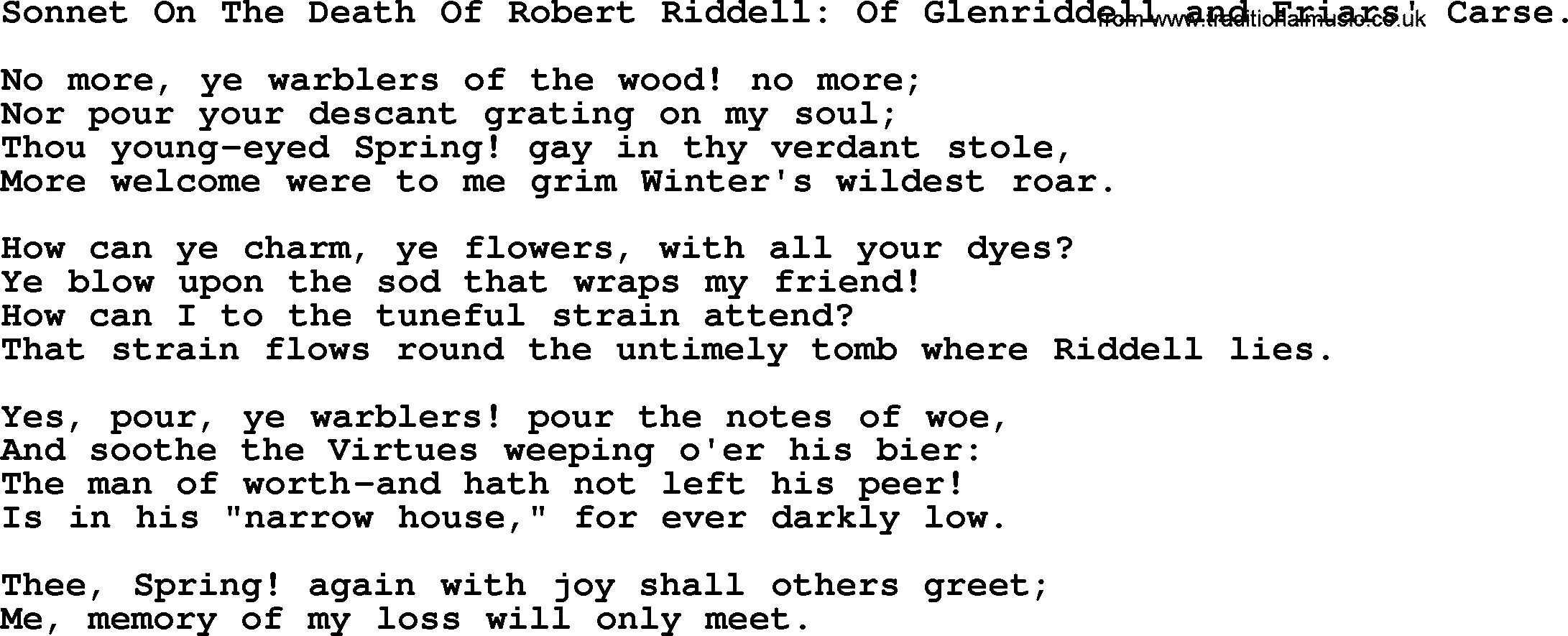 Robert Burns Songs & Lyrics: Sonnet On The Death Of Robert Riddell Of Glenriddell And Friars' Carse.