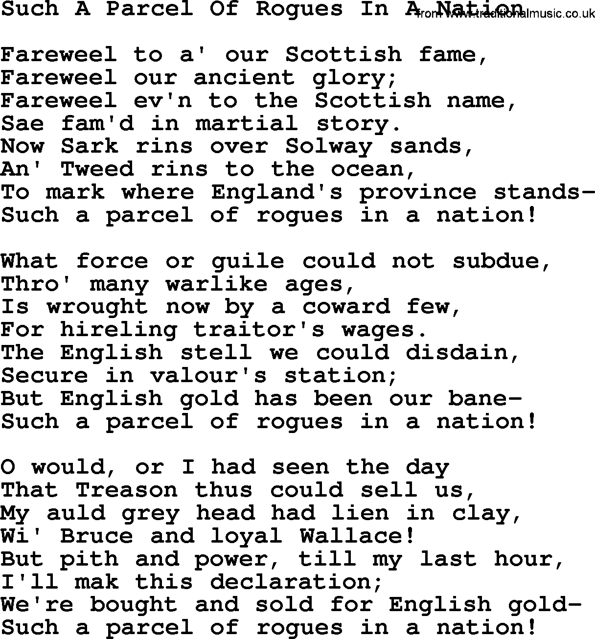 Robert Burns Songs & Lyrics: Such A Parcel Of Rogues In A Nation
