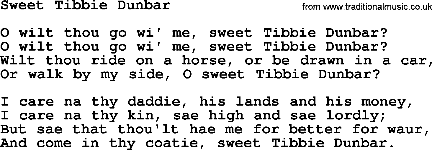 Robert Burns Songs & Lyrics: Sweet Tibbie Dunbar
