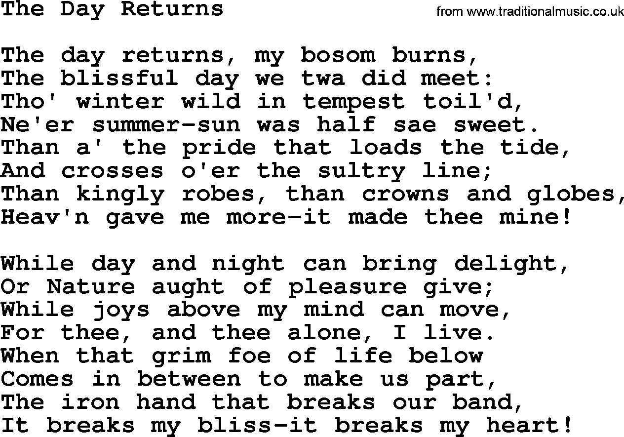 Robert Burns Songs & Lyrics: The Day Returns