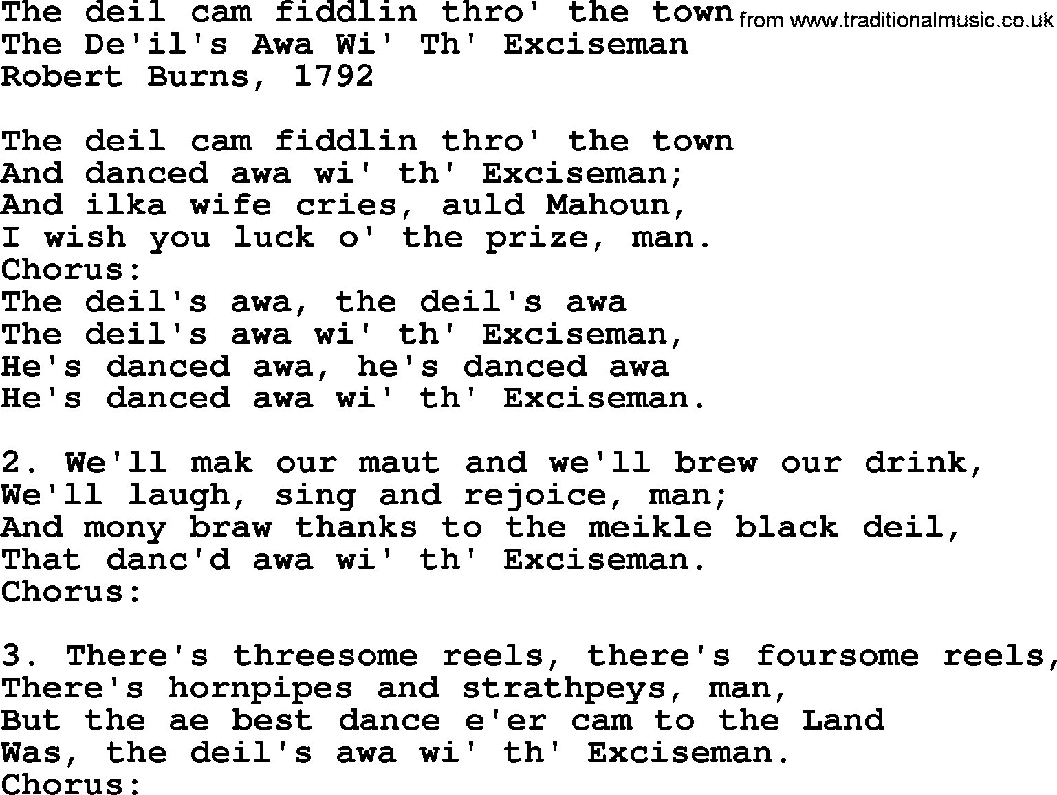 Robert Burns Songs & Lyrics: The Deil Cam Fiddlin Thro' The Town