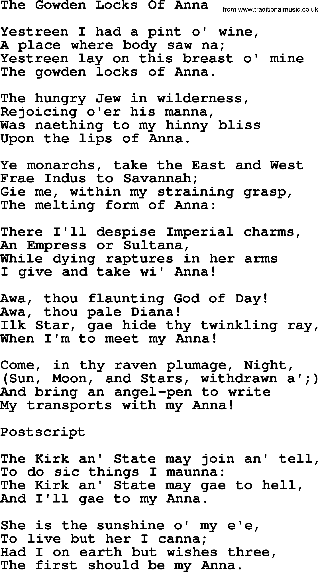 Robert Burns Songs & Lyrics: The Gowden Locks Of Anna