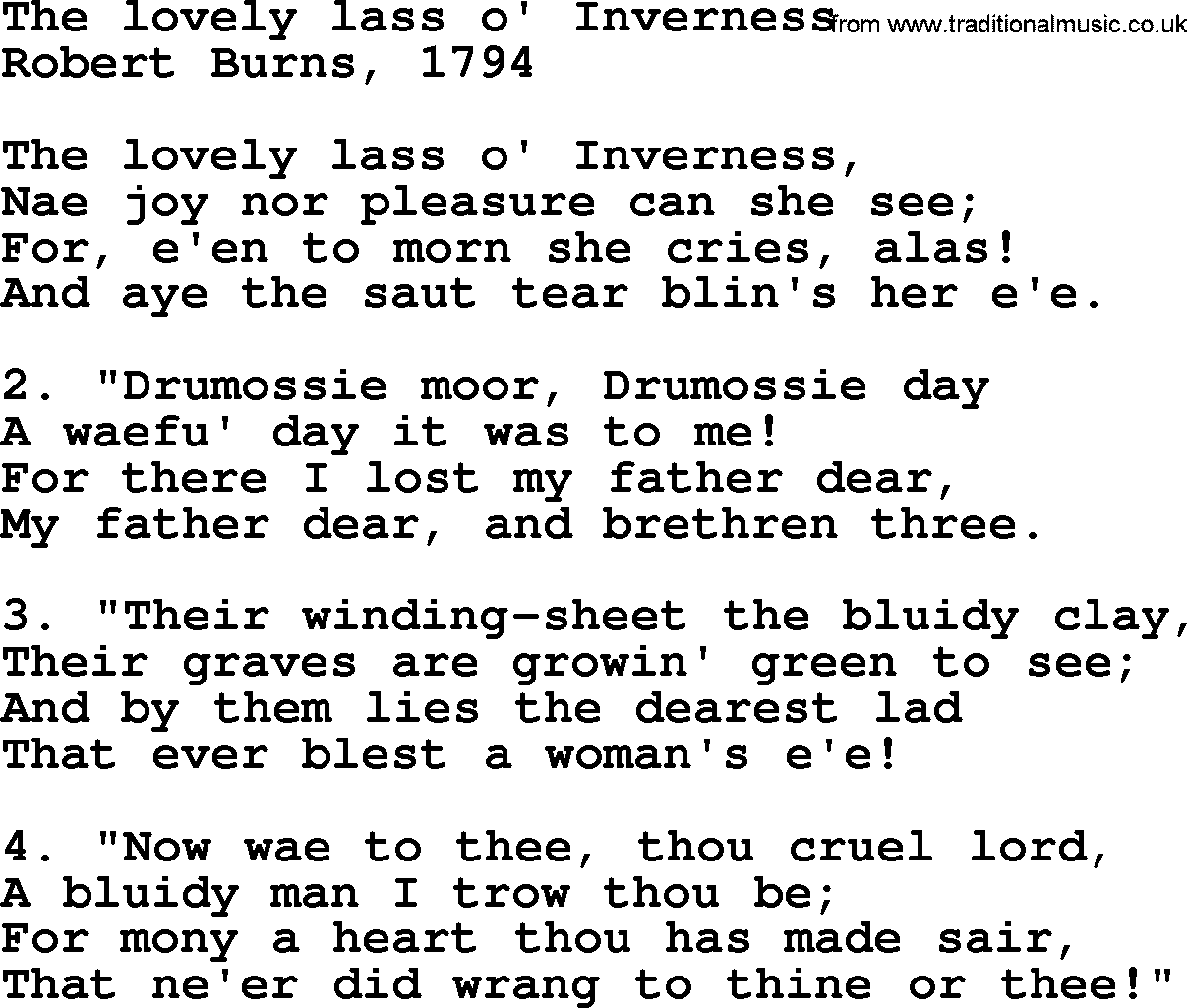Robert Burns Songs & Lyrics: The Lovely Lass O' Inverness