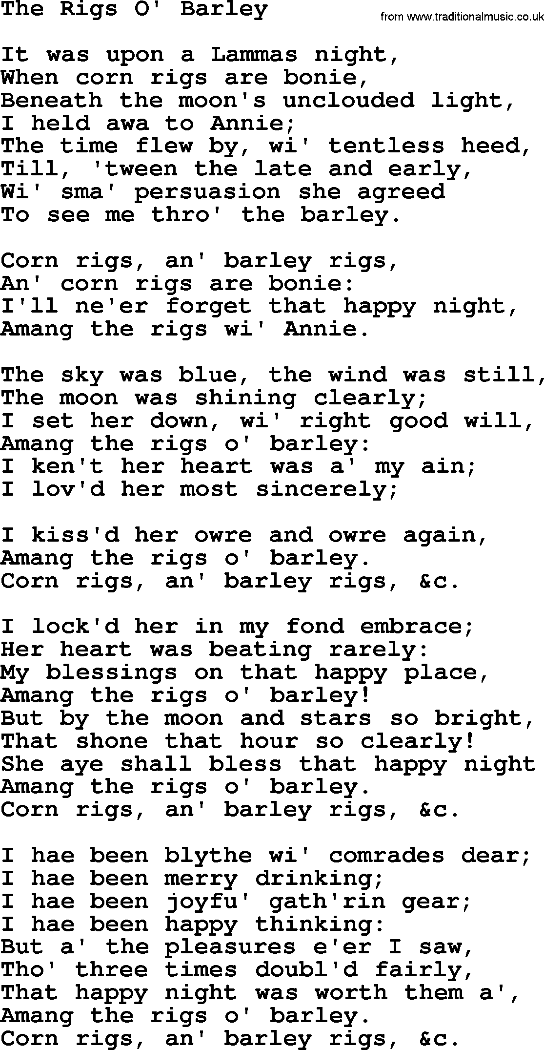 Robert Burns Songs & Lyrics: The Rigs O' Barley