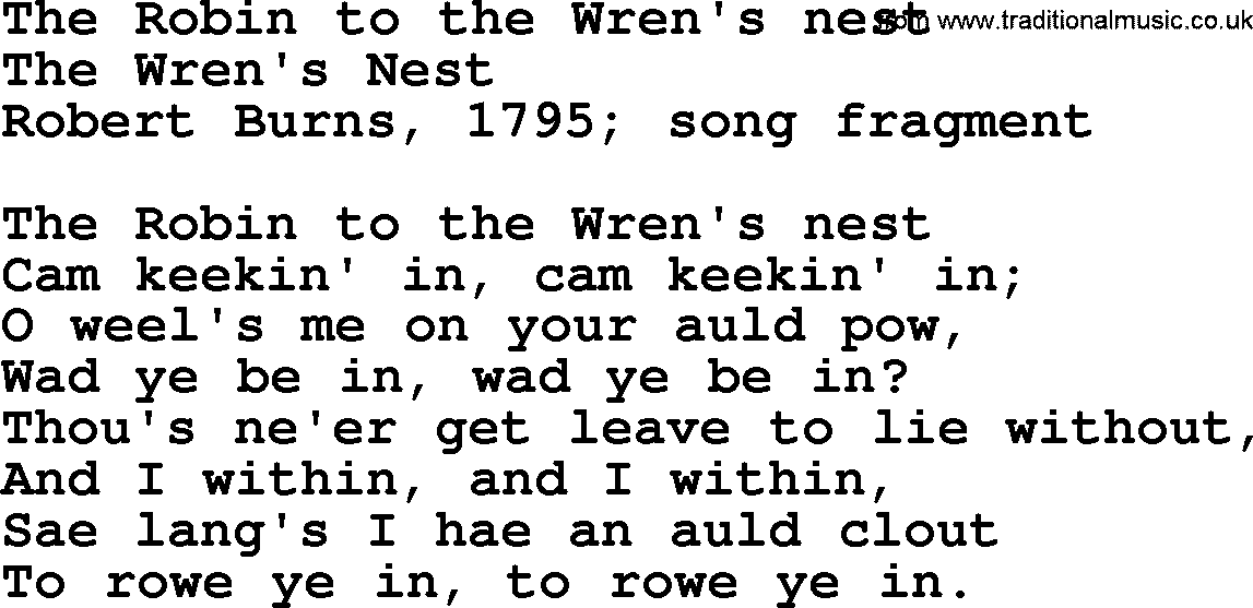 Robert Burns Songs & Lyrics: The Robin To The Wren's Nest